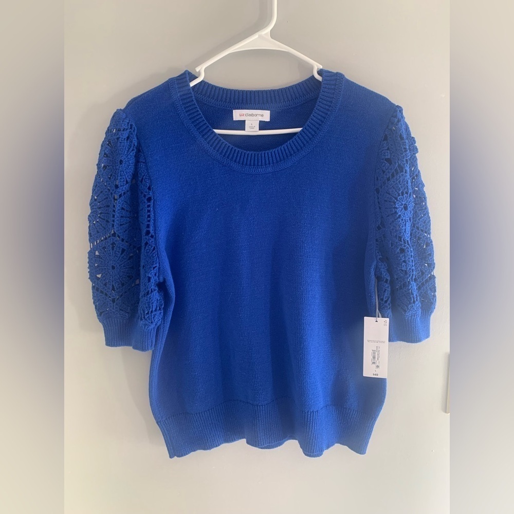 Womens Liz Claiborne Blue Short Crochet Sleeved Crew Neck Professional Sweater L